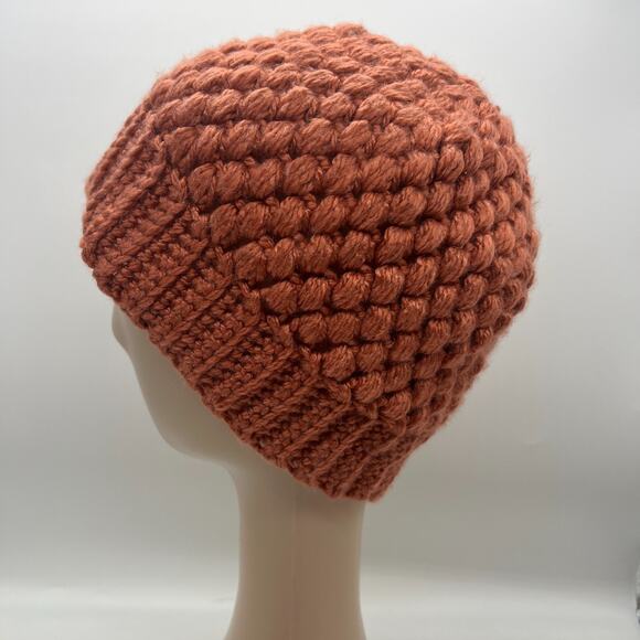 Chunky Knit Crochet Brown Orange Beanie Wide Rim Hat Boho Us 7 Medium - Picture 3 of 7